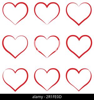 Herz umrandet rot, Set, Symbol der Freundschaft und Intimität der Liebe zum Valentinstag Vektorkalligraphie Hand zeichnet das Herz, Konzept der Liebe Stock Vektor