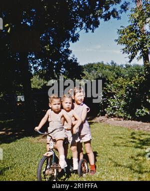 Drei Kinder auf einem Dreirad in ihrem Hinterhof. 1958 Stockfoto