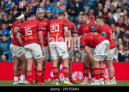 Dublin, Irland. 14. Mai 2023. Die Münster-Spieler während des Halbfinalspiels der United Rugby Championship zwischen Leinster Rugby und Munster Rugby im Aviva Stadium in Dublin, Irland, am 13. Mai 2023 (Foto: Andrew SURMA/Credit: SIPA USA/Alamy Live News Stockfoto