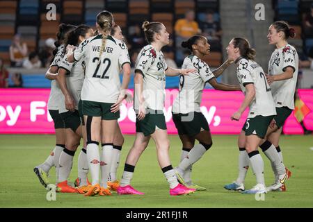 Houston, Usa. 12. Mai 2023. Houston, Texas, Mai 12. 2023: Die Spieler des Portland Thorns FC feiern nach einem Tor während des regulären Saisonspiels des Houston Dash und Portland Thorns FC im Shell Energy Stadium in Houston, Texas. (GIA Quilap/SPP) Guthaben: SPP Sport Press Photo. Alamy Live News Stockfoto