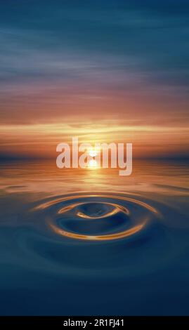 Sonnenlicht und bedrohlicher Himmel im Spiegel kreisförmiger Wasserwellen Stockfoto