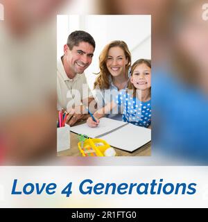 Zur Zusammensetzung von Text zum glücklichen Elterntag über glückliche weisse Eltern mit Tochter lernen Stockfoto