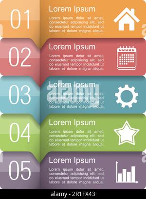 Design-Vorlage für Infografiken mit fünf Elementen, Textfelder mit Zahlen und Symbolen, Vektor-EPS10-Abbildung Stock Vektor