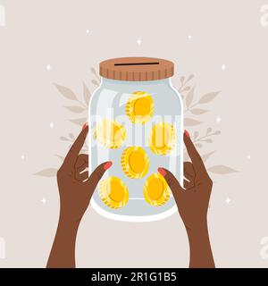 Spendengelder. Afrikanische weibliche Hände, die Glasbehälter mit Goldmünzen halten. Finanzielle Unterstützung für Obdachlose und arme Menschen. Fundraising-Konzept. Vektor Stock Vektor