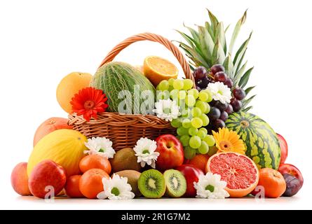 Komposition mit verschiedenen Früchten. Ausgewogene Ernährung Stockfoto