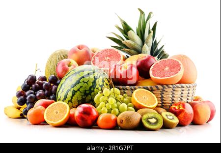 Komposition mit verschiedenen Früchten. Ausgewogene Ernährung Stockfoto