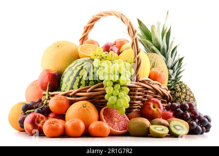 Komposition mit verschiedenen Früchten. Ausgewogene Ernährung Stockfoto