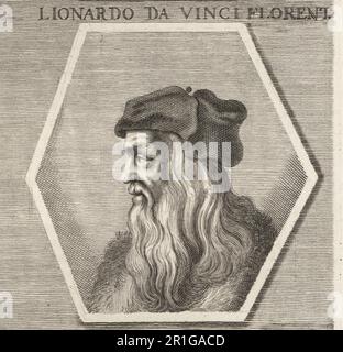 Leonardo da Vinci, italienischer Polymathematiker der hohen Renaissance, der als Maler, Zeichner, Ingenieur, Wissenschaftler, Theoretiker, Bildhauer und Architekt, 1452-1519. Lionardo da Vinci Florent. Copperplate-Gravur nach einer Illustration von Joachim von Sandrart von seiner L’Academia Todesca, della Architectura, Scultura & Pittura, oder Teutsche Academie, der Edlen Bau- Bild- und Mahlerey-Kunste, Deutsche Akademie für Architektur, Skulptur und Gemälde, Jacob von Sandrart, Nürnberg, 1675. Stockfoto