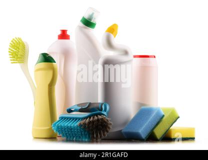 Chemische Reinigungsmittel auf Weiß isoliert Stockfoto