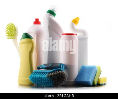 Chemische Reinigungsmittel auf Weiß isoliert Stockfoto