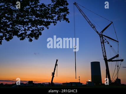 Seelow, Deutschland. 13. Mai 2023. Ein Mast für eine Windturbine und Baukräne sind nach Sonnenuntergang auf einem Feld zu sehen. Nach Angaben des Bundesverbands WindEnergie e.V. (Deutscher Windenergieverband) liegt der Bundesstaat Brandenburg an zweiter Stelle unter den Bundesländern mit der größten installierten Kapazität von Windkraftanlagen. Somit wird etwa ein Drittel des Strombedarfs aus Windenergie erzeugt. Mit über 7.864 MW (Megawatt) der installierten Gesamtleistung liegt Brandenburg heute nach Niedersachsen an zweiter Stelle. Kredit: Patrick Pleul/dpa/Alamy Live News Stockfoto