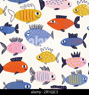 Vektor handgezeichnet, farbenfroh, kindlich, nahtlos wiederholend, einfaches flaches Muster mit Fischen im skandinavischen Stil auf weißem Hintergrund. Stock Vektor