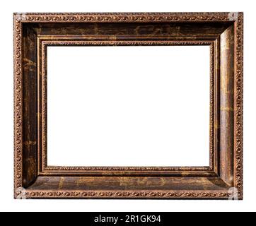 Retro-horizontaler sehr breiter brauner Bilderrahmen aus Holz isoliert auf weißem Hintergrund mit ausgeschnittener Leinwand Stockfoto