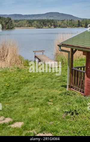 Kleine Holzhütte am Ufer des Sees oder Teiches mit Holzsteg. Holany, Tschechische Republik. Grünes Gras, Wald, Löwenzahn und wolkiger Himmel. Stockfoto