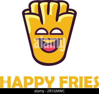 Diese Logo-Vorlage hat ein niedliches und verspieltes Design und eignet sich perfekt für Fast-Food- oder Chips-Geschäfte. Das Logo zeigt einen fröhlichen Pommes-Box-Charakter Stock Vektor