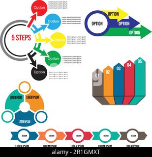 Das Bundle of 5 Infographic Elements Template Vector File ist ein Satz hochwertiger und moderner Infografik-Vorlagen, die für verschiedene Purpo-Zwecke verwendet werden können Stock Vektor