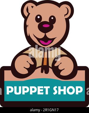 Unsere „Puppet Shop“-Logo-Vorlage mit Bär ist die perfekte Wahl für Puppengeschäfte, die eine verspielte und charmante Markenidentität etablieren möchten. Stock Vektor