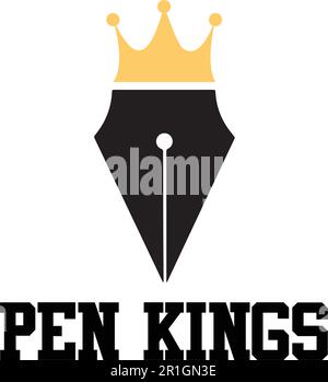 Die Pen Kings Logo-Vorlage ist ein modernes und elegantes Design, das sich für jedes Stiftgeschäft oder Grafikdesign-Unternehmen eignet. Das Logo zeigt ein königliches Kronensymbo Stock Vektor