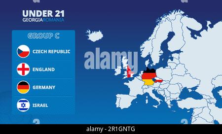 Karte von Europa mit markierten Karten der Länder, die an der Gruppe C des europäischen Fußballturniers unter 21 teilnehmen 2023. Flaggensymbol der Gruppe C.. Stock Vektor