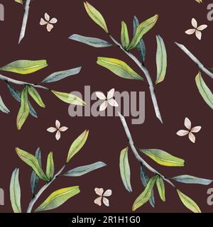Granatäste und winzige beige Blüten, nahtloses Muster auf dunkelbraun. Aquarelle Illustration mit Olivenbaum Stockfoto