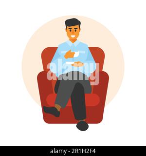 Der Mann, der im Sessel sitzt und Kaffee trinkt, eine flache Vektordarstellung Stock Vektor
