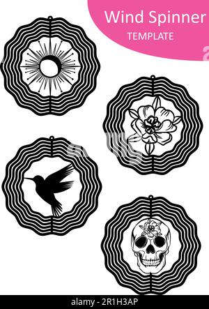 Windspinner-Schablonensatz isoliert auf weißem Vektorsilhouettendesign von Spin-Yard-Dekorationen zur Sublimation. Gartendekor, Kolibri, Schädel Stock Vektor