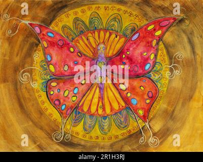 Mandala mit Schmetterling. Das Abtasten in der Nähe der Kanten sorgt aufgrund der veränderten Oberflächenrauheit des Papiers für einen weichen Fokus. Stockfoto