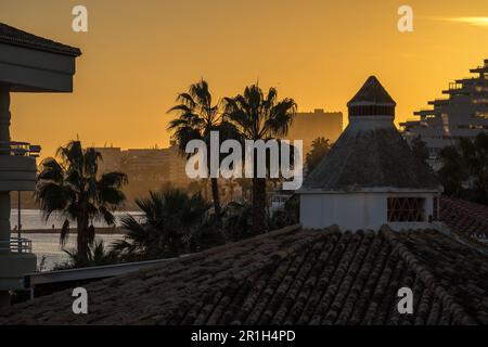 Goldener Sonnenuntergang im Zentrum von Benalmádena mit Palmen und dem Strand im Hintergrund Stockfoto