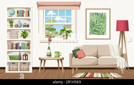 Wohnzimmereinrichtung mit Sofa, weißem Bücherregal, Fenster, großem Bild und Zimmerpflanzen. Gemütliche Innenausstattung. Cartoon-Vektordarstellung Stock Vektor