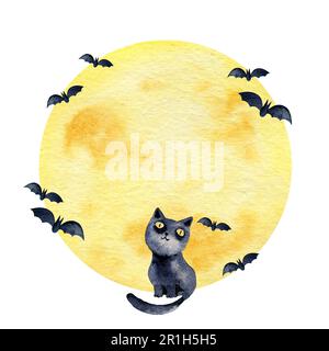 Aquarelle Zusammensetzung des halloween-Themas mit Mond, schwarzer Katze und Fledermäusen auf wasserfarbenem Mondhintergrund, handgezeichneter Eckrahmen, runder Rahmen. Stockfoto