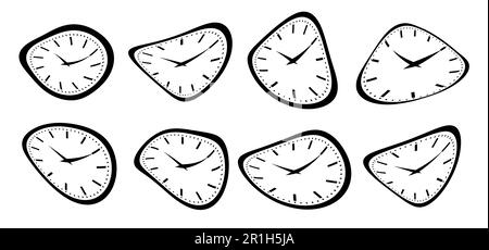 Cartoon Salvador Dalí (S. Dali), Uhren-Stil. Zeit auf Uhr. Wecker. Für Männer oder Frauen. Vektorimpulsuhr, Armbanduhr. Stoppuhr. C Stockfoto