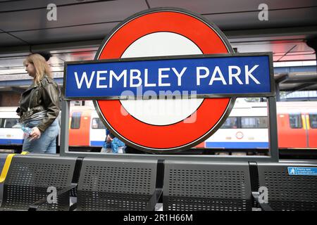 London, Großbritannien. 14. Mai 2023. London, Großbritannien. 14. Mai 2023.Allgemeine Ansicht der Wembley Park Station während des Vitality Women's FA Cup Finales zwischen Chelsea und Manchester United im Wembley Stadium, London am Sonntag, den 14. Mai 2023. (Foto: Tom West | MI News) Guthaben: MI News & Sport /Alamy Live News Stockfoto