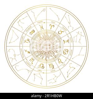 Astrologisches goldenes Zodiakrad mit Sternbildern und Schildern, Horoskop-Vektorsymbole mit Sonne und Mond. Mystisches Divinationsrad, Geburtsdiagramm. Li Stock Vektor