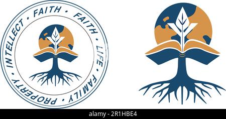 Logo Baumwurzeln wachsen Buch und Pflanze auf dem Hintergrund des Planetenvektors Stock Vektor