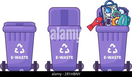 Set von Behältern mit Deckel für die Lagerung, das Recycling und das Sortieren von gebrauchtem Elektroschrott. Geschlossener, leerer und gefüllter Mülleimer mit Recyclingzeichen. Si Stock Vektor