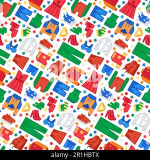 Schuhe und Bekleidung Textilgegenstände nahtloses Muster mit Stoff, Stoff, Schuh, Hose, Faser, Jeans, Pullover. Verzierung zum Bedrucken von Stoff, Abdeckung A Stock Vektor