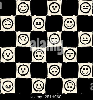 Abstraktes schlampiges, nahtloses Muster mit hellen und dunklen Schachzellen und Emoji verschiedenen Gesichtsausdrücken und Stimmungen. Verzierung zum Bedrucken von Stoff, CO Stock Vektor