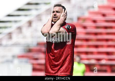 Antwerpen, Belgien. 14. Mai 2023. Vincent Janssen von Antwerpen zeigt die Niederlage bei einem Fußballspiel zwischen dem Royal Antwerpen FC RAFC und dem Club Brügge KV am Sonntag, den 14. Mai 2023 in Antwerpen, am 3. Tag der Spiele der Champions in der ersten Liga der „Jupiler Pro League“ der belgischen Meisterschaft. BELGA FOTO TOM GOYVAERTS Kredit: Belga News Agency/Alamy Live News Stockfoto