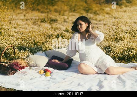 Auf einer weißen Picknickdecke mit Kissen entspannen sich schwangere Frauen zwischen Äpfeln, einem Korb mit trockenen Blumen und bequemen weißen Kissen Stockfoto