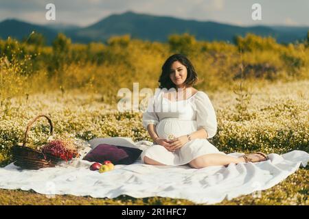 Auf einer weißen Picknickdecke mit Kissen entspannen sich schwangere Frauen zwischen Äpfeln, einem Korb mit trockenen Blumen und bequemen weißen Kissen Stockfoto