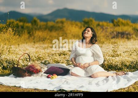 Auf einer weißen Picknickdecke mit Kissen entspannen sich schwangere Frauen zwischen Äpfeln, einem Korb mit trockenen Blumen und bequemen weißen Kissen Stockfoto