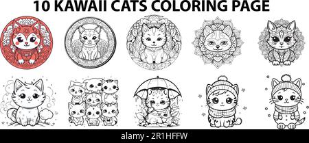 CAT-Farbseitensatz. Paket mit CAT-Farbbüchern. CAT Line Art Vector Design-Kollektion. Stock Vektor