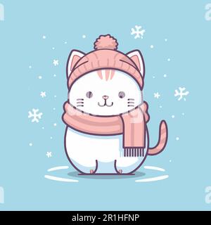 Cartoon-Katze mit blauem Hut im Winter. Stock Vektor