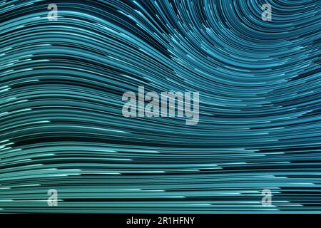 Blaue und zyanblaue Neonlichtstreifen mit helleren Enden, die über den Bildschirm fließen.Designelement für Hintergründe im Webdesign und Hintergrund für Diashows Stockfoto