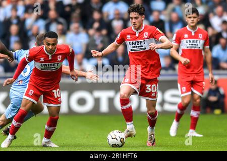 Coventry, Großbritannien. 14. Mai 2023Coventry, Großbritannien. 14. Mai 2023 Hayden Hackney (30 Middlesbrough) tritt während der Sky Bet Championship Play Off Semi Final 1. Leg zwischen Coventry City und Middlesbrough in der Coventry Building Society Arena, Coventry, am Sonntag, den 14. Mai 2023, an. (Foto: Kevin Hodgson | MI News) Guthaben: MI News & Sport /Alamy Live News Stockfoto