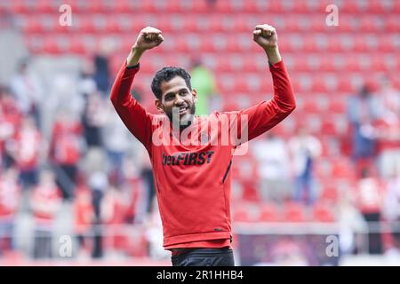 Antwerpen, Belgien. 14. Mai 2023. Antwerpens Faris Haroun feiert nach dem Sieg eines Fußballspiels zwischen dem Royal Antwerpener FC RAFC und dem Club Brügge KV am Sonntag, den 14. Mai 2023 in Antwerpen, am 3. Tag der Spiele der Champions in der ersten Liga der „Jupiler Pro League“ der belgischen Meisterschaft. BELGA FOTO TOM GOYVAERTS Kredit: Belga News Agency/Alamy Live News Stockfoto