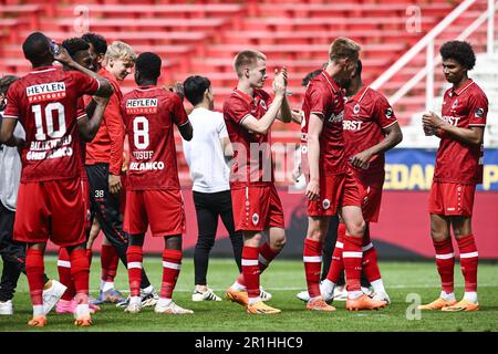 Antwerpen, Belgien. 14. Mai 2023. Antwerpens Arthur Vermeeren feiert nach dem Sieg eines Fußballspiels zwischen dem Royal Antwerpener FC RAFC und dem Club Brügge KV am Sonntag, den 14. Mai 2023 in Antwerpen, am 3. Tag der Spiele der Champions in der ersten Division der „Jupiler Pro League“ der belgischen Meisterschaft. BELGA FOTO TOM GOYVAERTS Kredit: Belga News Agency/Alamy Live News Stockfoto