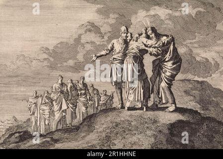 Die Geschichte des Propheten Moses, Moses nimmt den Abgang von Eleazar und Joshua, 1704, Jan Luyken, historische, digital restaurierte Reproduktion eines Originals aus dem 18. Oder 19. Jahrhundert. Stockfoto