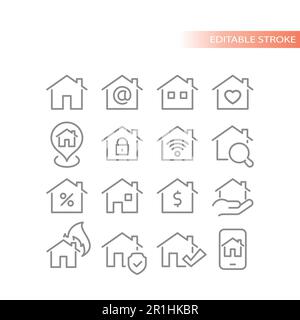Vektorsymbol für Hausjagd, Wohnungsbau und Immobilienlinie. Symbole für Häuser, Hypotheken und Wohnungen. Stock Vektor