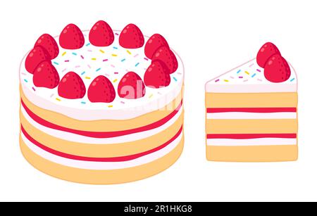 Geburtstagskuchen mit Erdbeeren und Streuseln, ganze und geschnittene Scheiben. Cartoon-Vektordarstellung. Stock Vektor